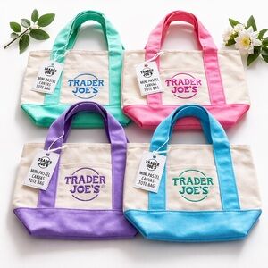 Trader Joe's Mini Pastel Canvas Tote Bag - Pink, Aqua, Purple, Blue set of 4